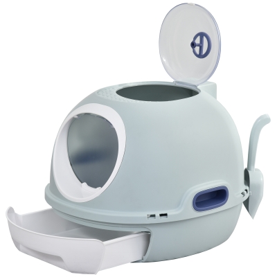 PawHut Katzentoilette mit Dachfenster, Katzenklo mit Bodenschale, mit Schaufel, Tragbar, PP ABS, See-Blau, 47 x 55 x 44 cm