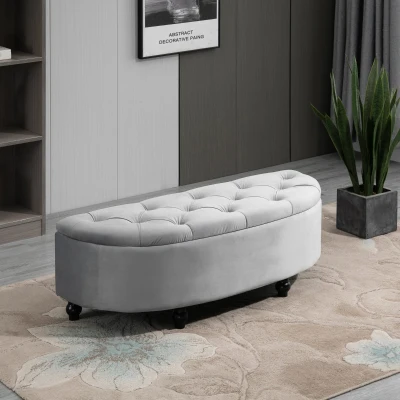 HOMCOM Bench Ottoman Storage Chest Footrest with Storage Space Open Lid for Bedroom Velvet-Touch Rubberwood Gray 120 x 46 x 42 cm