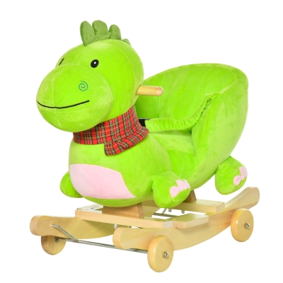 HOMCOM Schaukeltier Schaukeldrache Kinder Schaukelpferd mit Rollen Musikfunktion ab 18 Monaten Pappel+Plüsch Grün+Rosa weiß 60 x 32 x 52 cm
