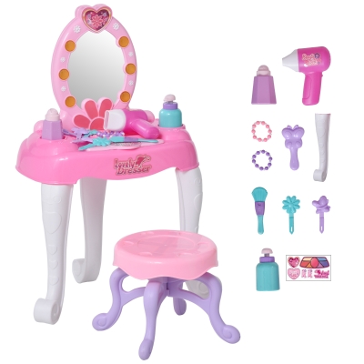 HOMCOM Kinderschminktisch Frisiertisch mit Hocker 7 Musikstücke Licht Mädchen Kosmetik Spiegel Rosa 36 x 20 x 59,5 cm