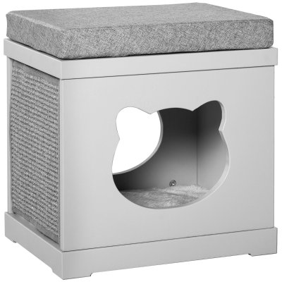 PawHut Cat House Bed Kitten Cave Cube Indoor w/ Soft Cushion Sisal Scratching Pad, Grey
