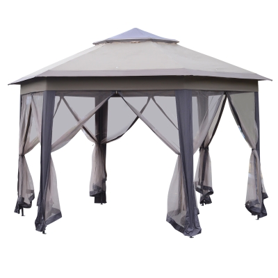 Outsunny Hexagon Patio Gazebo Pop Up Gazebo Outdoor Double Roof Instant Shelter with Netting, 4m x 4m, Brown