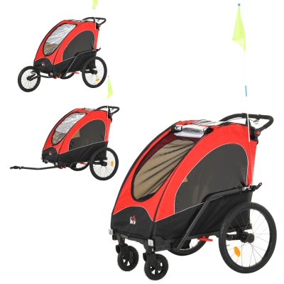 HOMCOM 3 in 1 Kinderanhänger Aluminium Kinder Jogger Fahrradanhänger Radanhänger für 2 kinder mit Fahne Rot+Schwarz