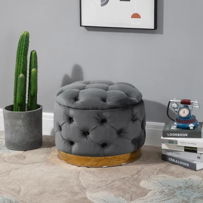 HOMCOM Podnóżek w stylu vintage pufa ze schowkiem stołek z drewna topolowego kolor antracytowy