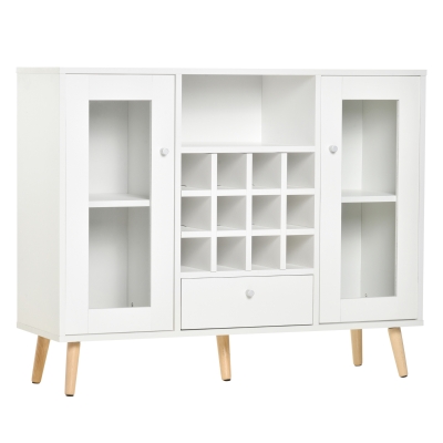 HOMCOM Küchenschrank Sideboard küchenmöbel mit Glastüren Schublade und 12-Flaschen Weinregal für Wohnzimmer und Küche Spanplatte Hartholz Weiß 100 x 33 x 80 cm