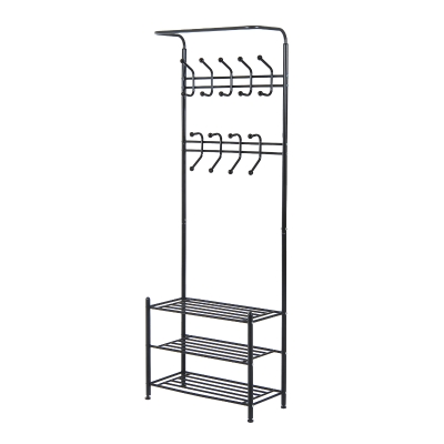 HOMCOM Kleiderständer 18 haken Wandgarderobe mit Schuhablage Metall Schwarz L67 x B30 x H185 cm