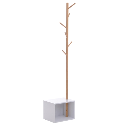 HOMCOM Garderobenständer Kleiderhaken Garderobe mit Sitzbank Stauraum Baum-Design Zweige 6 Haken Bambus Weiß Natur 40 x 30 x 180 cm
