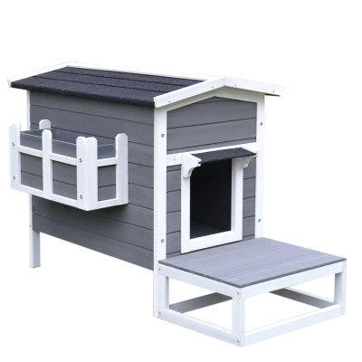 PawHut Katzenhaus Katzenhütte Katzenhöhle Kleintierhaus mit Terrasse und Balkon für Katzen Hunde Tannenholz Grau + Weiß 115 x 66,5 x 74,7 cm