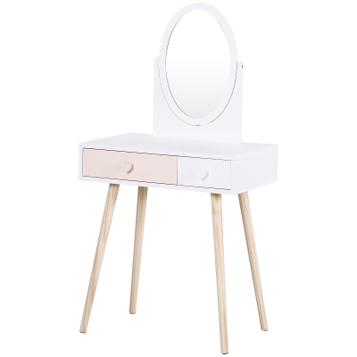HOMCOM Kinder-Schminktisch mit Spiegel, Kosmetiktisch, Schreibtisch, Frisiertisch, 2 Schubladen, Massivholz Weiß 69 x 49 x 136 cm