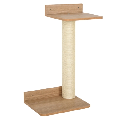 PawHut Kletterwand für Katzen Wandmontierter Katzenbaum Kratzbaum Kletterbaum Sisalsäulen Spanplatte Sisal Natürlich 30 x 27,5 x 63 cm