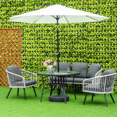 Outsunny Mesa de Cristal de Jardim com Orifício para Chapéu de Sol Mesa Redonda de Exterior Terraço Varanda com Estrutura de Aço Ø106,5x71cm Transparente e Preto