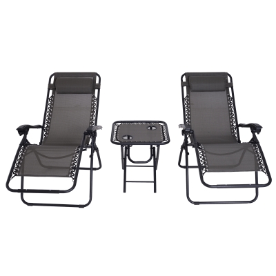 Outsunny Set de 2 Sillas de Gravedad Cero Plegables 90x65x110 cm y Mesa Auxiliar 50x50x50 cm con 2 Portavasos Sillas Reclinables con Reposacabezas para Jardín Terraza Gris