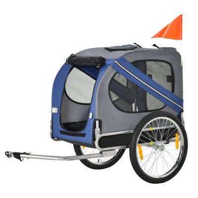 Pawhut Remorque vélo pour chien animaux pliable 8 réflecteurs drapeau barre attelage inclus acier polyester imperméable max. 40 Kg 130L x 73l x 90H cm bleu