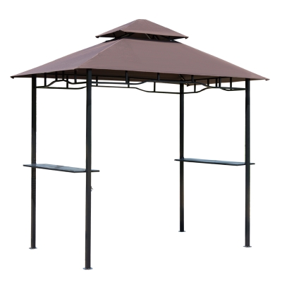 Outsunny Pabellón de Jardín 245x148 cm Cenador con Doble Techo Protección Solar 2 Estantes Laterales con Abrebotellas para Barbacoa Fiesta Eventos Exterior Color Café