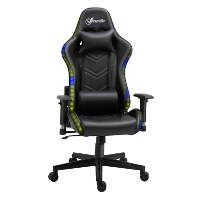 Vinsetto Silla Gaming Ergonómica Silla para Gamers Giratoria Reclinable Ajustable en Altura Basculante con Luz LED Reposacabezas y Cojín Lumbar Cuero Sintético 68x68x126-136 cm Negro