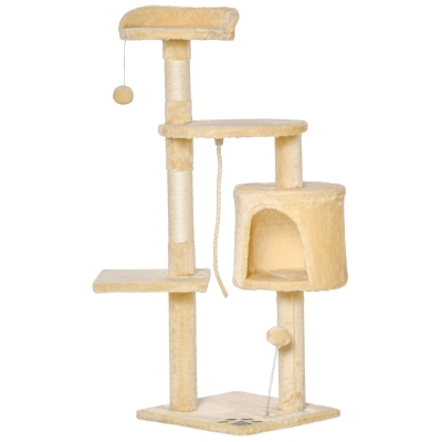 PawHut Árbol para gatos Rascador de Gatos Barato Rascador Grande con Plataformas Casetas Bolas de Juego 114cm Cubierto de Felpa Beige