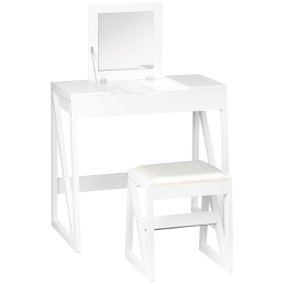 HOMCOM Dressing Table with Cushioned Stool and Flip-up Mirror-White