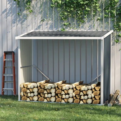 Outsunny Abrigo para Lenha de Aço Galvanizado Abrigo de Armazenamento de Lenhas com Teto Inclinado para Jardim Terraço Exterior 185x84x133,5/148,5 cm Cinza