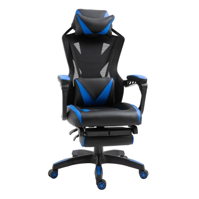 Vinsetto Silla Racing Gaming Ergonómica Silla para gamers Silla de Escritorio para Oficina Ajustable Altura con Respaldo Regulable Almohada Lumbar Reposapiés Retráctil 65x70x117-125 cm Azul