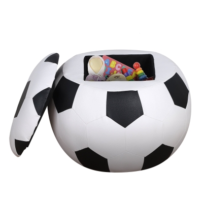 HOMCOM Puf Infantil Mini Sofá para Niños mayores de 3 Años Diseño Balón de Fútbol con Función de Almacenaje 51,5x51,5x36 cm Blanco y Negro