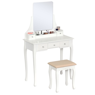 HOMCOM MDF 5-Drawer Dressing Table w/ Stool White