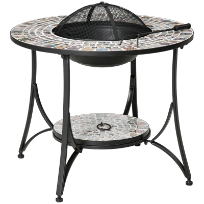 Outsunny Feuertisch Gartentisch mit Feuerschale Feuerstelle mit Funkenschutz & Grillrost Feuerkorb Outdoor für Heizung BBQ Garten Terrase Metall Fliese 75 x 75x 60 cm