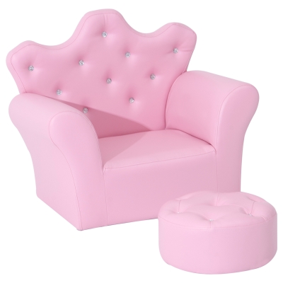 HOMCOM Sofá para Niños con Taburete Sillón Infantil Decorativo con Respaldo Alto en Forma de Corona y Reposabrazos Acolchado 58x40,5x49 cm Rosa