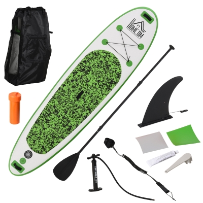 HOMCOM Tabla de Paddle Surf Hinchable con Remo Ajustable entre 160-210 cm Carga 100kg Aleta Extraíble Bolsa de Transporte e Inflador PVC 305x76x10 cm Verde