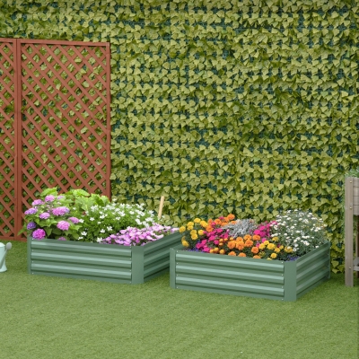 Outsunny Conjunto de 2 Caixas de Plantio de Aço Quadrada Cultivos de Plantas Flores Pátio Exterior 100x100x30 cm Verde