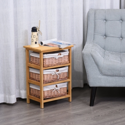 HOMCOM 3 Drawer Dresser Wicker Basket Storage Shelf Unit Wooden Frame Home Organisation Cabinet Bedroom Office Furniture Natural Finish 58x40cm