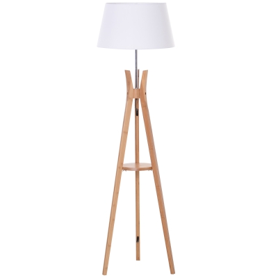 HOMCOM Bamboo Freestanding Tripod Floor Lamp w/ Shelf White