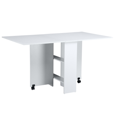HOMCOM Kitchen Folding Desk Mobile Drop Leaf Dining Table W/ Wheels & Storage Shelves-White Wood Grain
