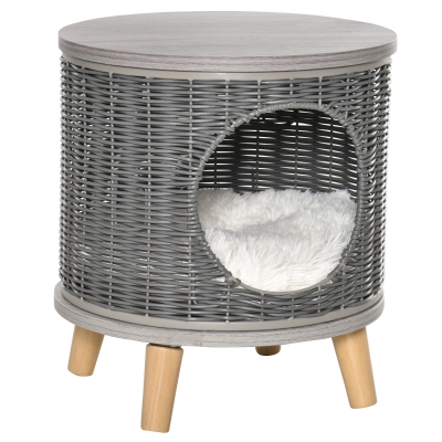 PawHut Cueva para Gatos de Ratán Cesta para Gatos Rolliza con Cojín Lavable Plataforma y Patas de Madera de Pino Extraíble Ø36x40,5 cm Gris