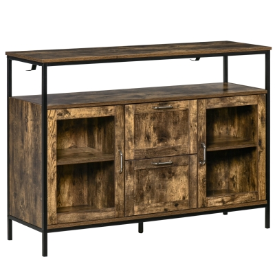 HOMCOM Aparador de Cocina con 2 Puertas de Cristal 2 Cajones y Estantes Abiertos Armario Auxiliar de Estilo Industrial para Salón Comedor 120x40x88,5 cm Marrón Rústico