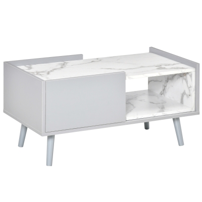 HOMCOM Modern Coffee Table with Marble Texture, Drawer, Open Compartment Wood Legs for Living Room, Grey and White