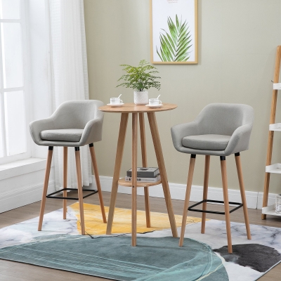 HOMCOM Set of 2 Bar Stools Modern Upholstered Seat Bar Chairs w/ Metal Frame, Solid Wood Legs Living Room Dining Room Fabric Furniture - Beige