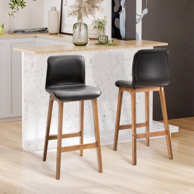 HOMCOM 2 Pcs 93cm Faux Leather Bar Stools Wooden Frame w/ Footrest Padding High Back Modern Comfortable Seats Relaxed Home Bar Business Counter Top Brown