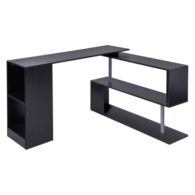 HOMCOM 55" 360° Rotating Corner Computer Desk Modern L-Shaped Home Office Workstation with 2-Tier Storage Shelves, Bookshelf, Black