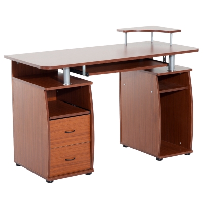 HOMCOM MDF Multi-Level Home Office Workstation Desk with Drawers Brown