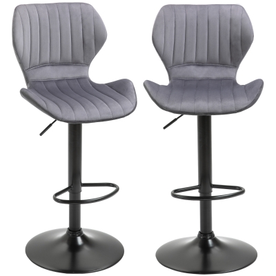 HOMCOM Bar Stool Set of 2 Velvet-Touch Adjustable Height Swivel Chairs Footrest