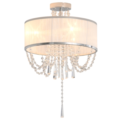 HOMCOM Metal Ceiling Light with Crystal Pendant Fabric Shade for Home Office White
