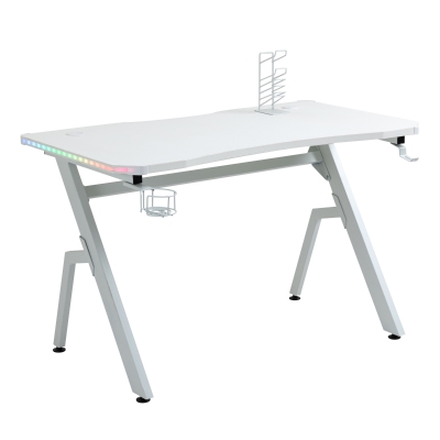 HOMCOM Gaming Desk Racing Style Ergonomic Computer Table Workstation with RGB LED Lights, Hook, Cup Holder, Controller Rack & Cable Management - White