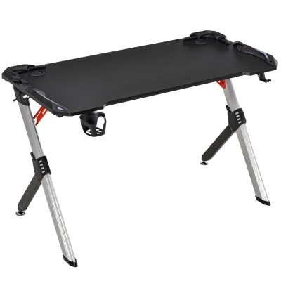 HOMCOM LED Breathing Lights Gaming Table Computer Desk Carbon Fiber Feel Desktop Steel Frame with Cup Holder, Headphone Hook, Basket, Black