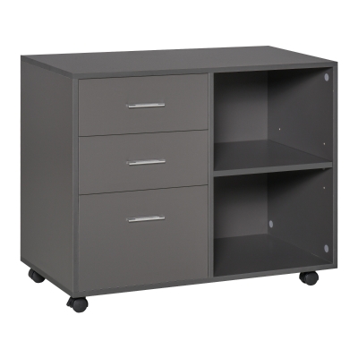 HOMCOM Freestanding Storage Cabinet w/ 3 Drawers 2 Shelves 4 Wheels Office Home Grey