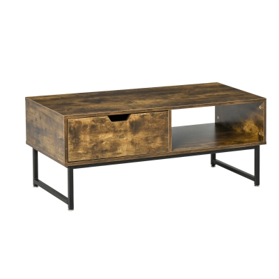 HOMCOM Industrial Coffee Table with Shortage Shelf & Drawer End Table Metal Frame Brown