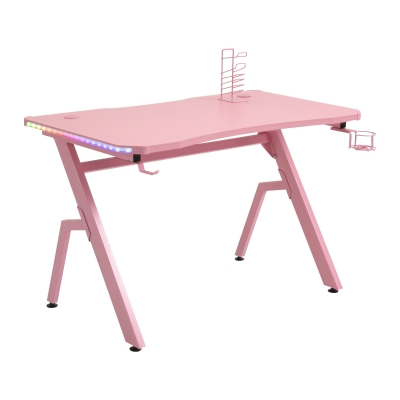 HOMCOM LED Ergonomic Gaming Desk Computer Table with Cup Holder Cable Management, Pink