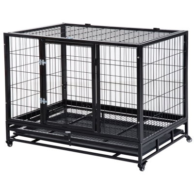 PawHut Jaula de Metal para Perros con Ruedas y Frenos Bandeja Extraíble y Puerta con Pestillo para Golden Retriver Labrador 92x62x75 cm Negro