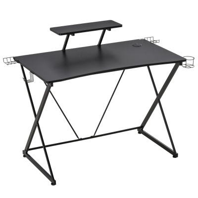 HOMCOM Ergonomic Gaming Computer Desk with Monitor Shelf Cup Holder Headphone Hook Black