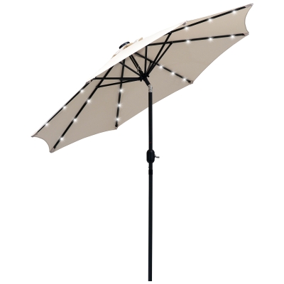 Outsunny Sombrilla Parasol de Jardín Ø270x240 cm con 24 Luces LED Solar Mecanismo de Inclinación Manivela y Poste Desmontable de Metal para Terraza Piscina Patio Crema