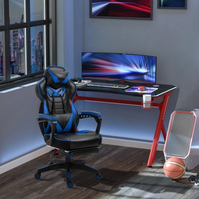 Vinsetto PU Leather Retractable Footrest Gaming Chair w/ Pillows Blue/Black